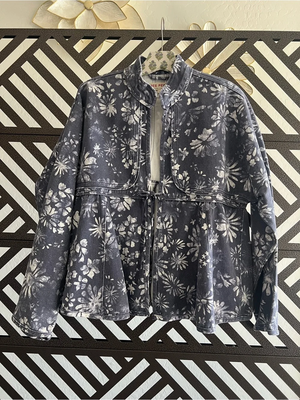 Free People Navy and White Floral Peplum Denim Jacket - Picture 2 of 3